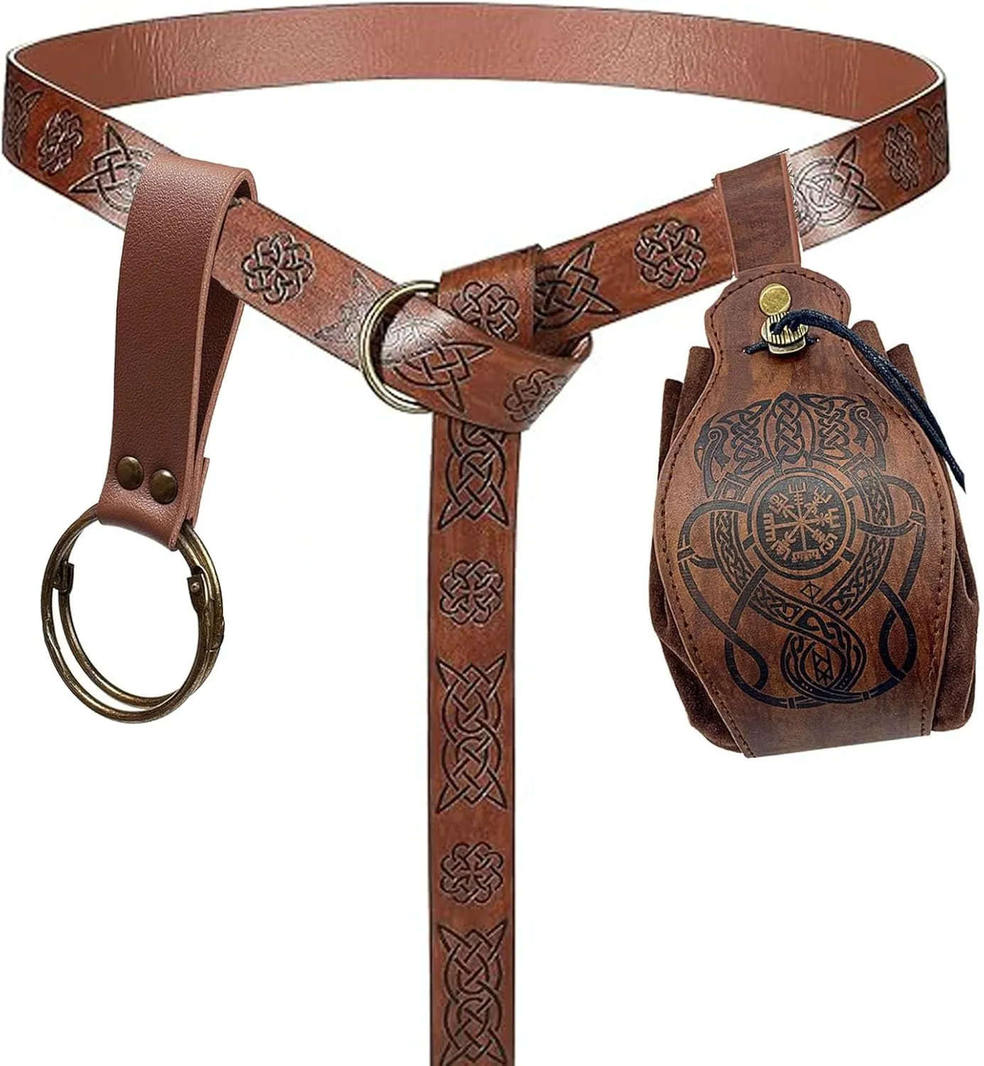 3 Pcs Halloween Renaissance Belt Pouch Coin Purse Phone Holder Skirt Hikes Medieval Viking Pirate Leather Belt Costume Sets (1-Brown)