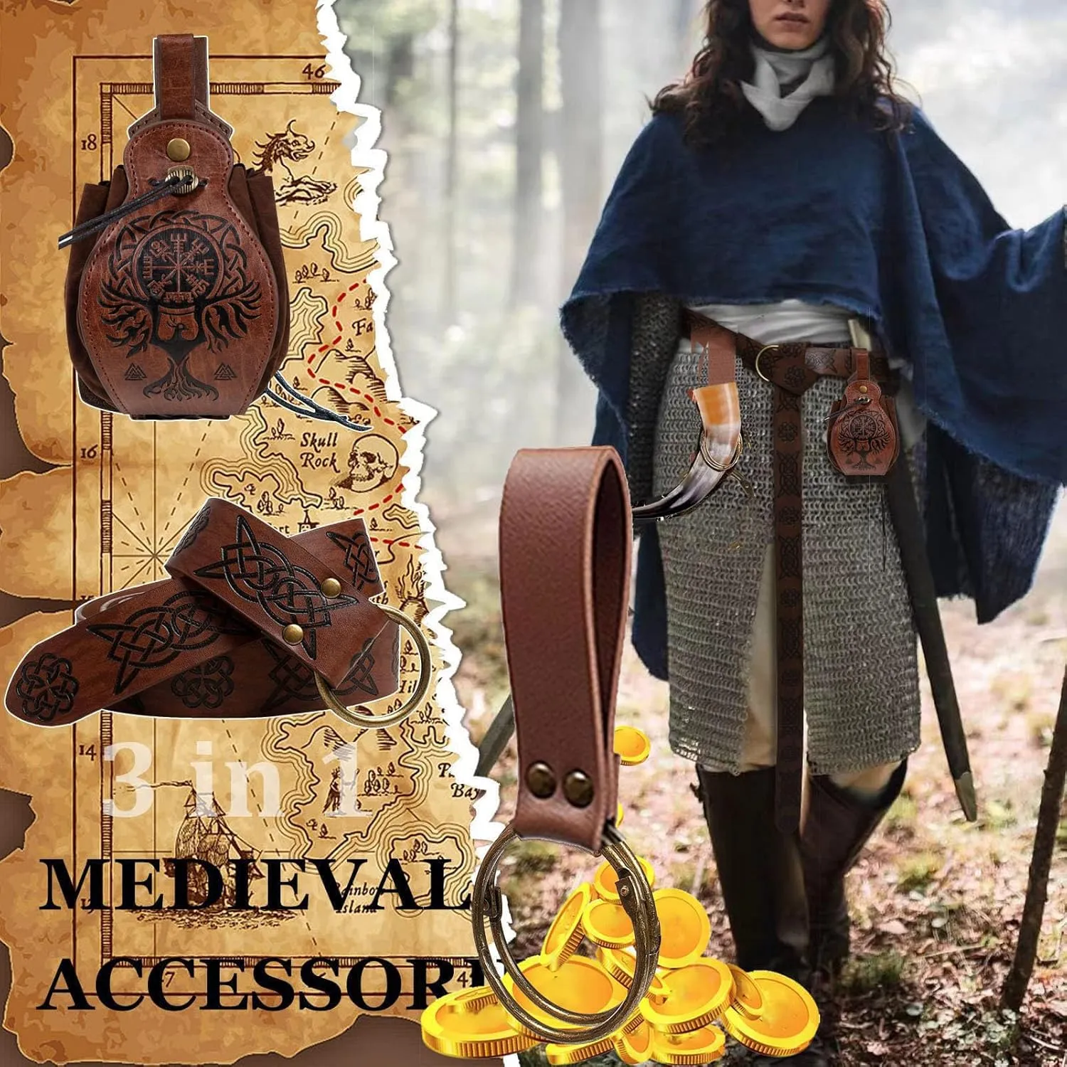 3 Pcs Halloween Renaissance Belt Pouch Coin Purse Phone Holder Skirt Hikes Medieval Viking Pirate Leather Belt Costume Sets (1-Brown)