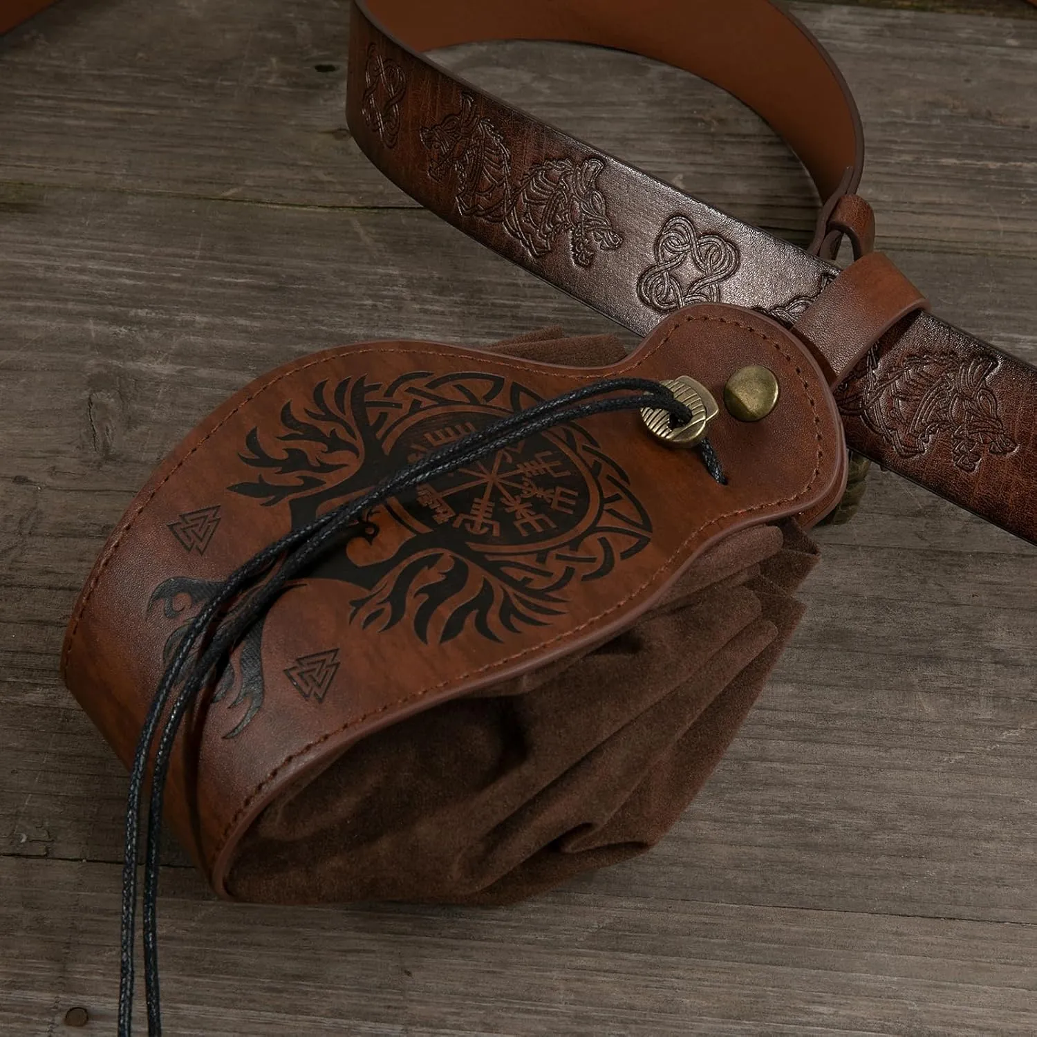 3 Pcs Halloween Renaissance Belt Pouch Coin Purse Phone Holder Skirt Hikes Medieval Viking Pirate Leather Belt Costume Sets (1-Brown)