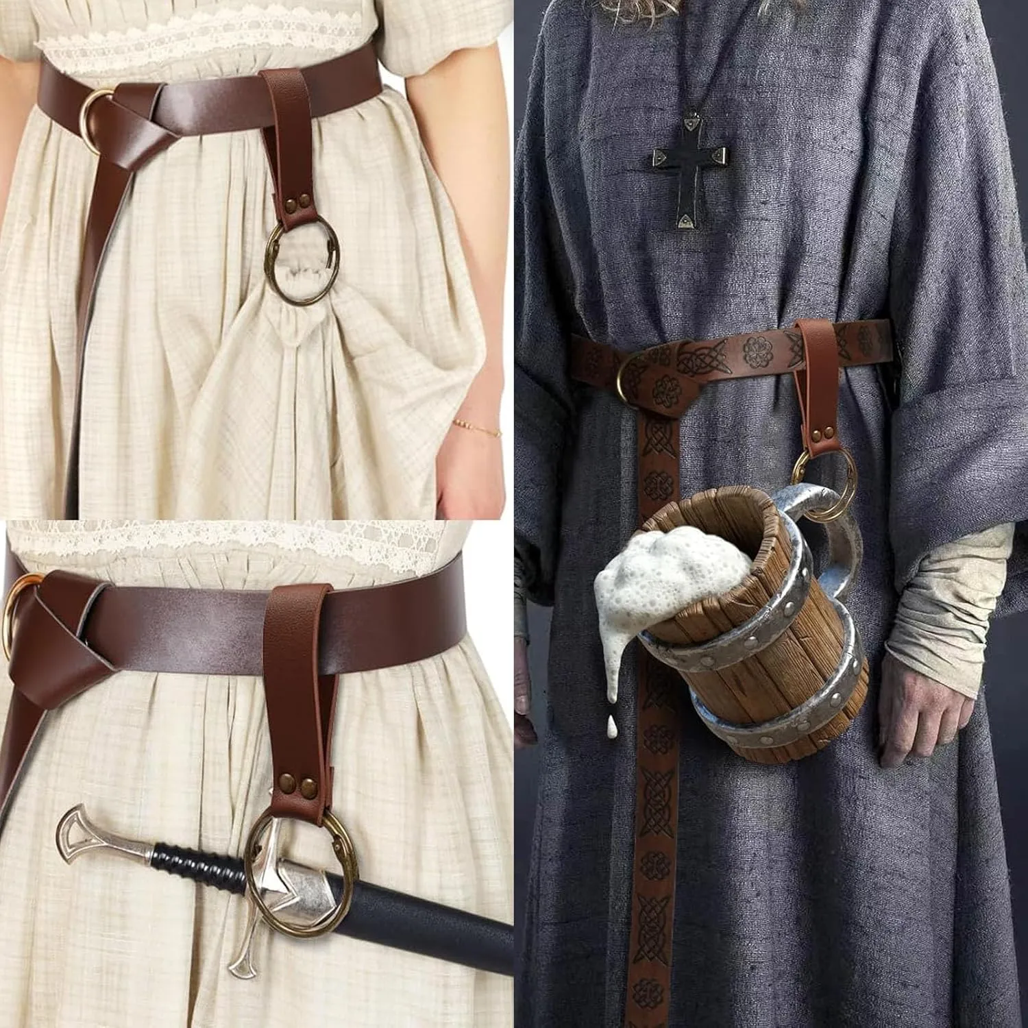 3 Pcs Halloween Renaissance Belt Pouch Coin Purse Phone Holder Skirt Hikes Medieval Viking Pirate Leather Belt Costume Sets (1-Brown)