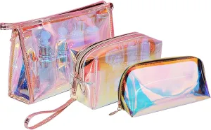 3 Pieces Holographic Makeup Bag Clear PVC Makeup Bag Iridescent Cosmetic Pouch Portable Travel Cosmetic Pouch TPU Waterproof Cosmetic Bags for Women