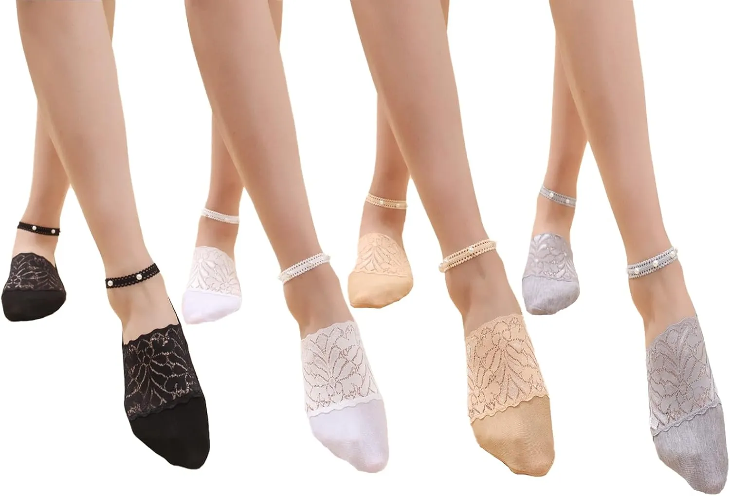 4 Pairs Pearl Lace No Show Socks Pearl Lace Mesh Thin Silk Ankle Sock Casual Low Cut Socks for Women