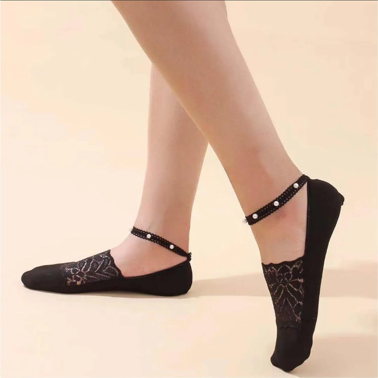 4 Pairs Pearl Lace No Show Socks Pearl Lace Mesh Thin Silk Ankle Sock Casual Low Cut Socks for Women