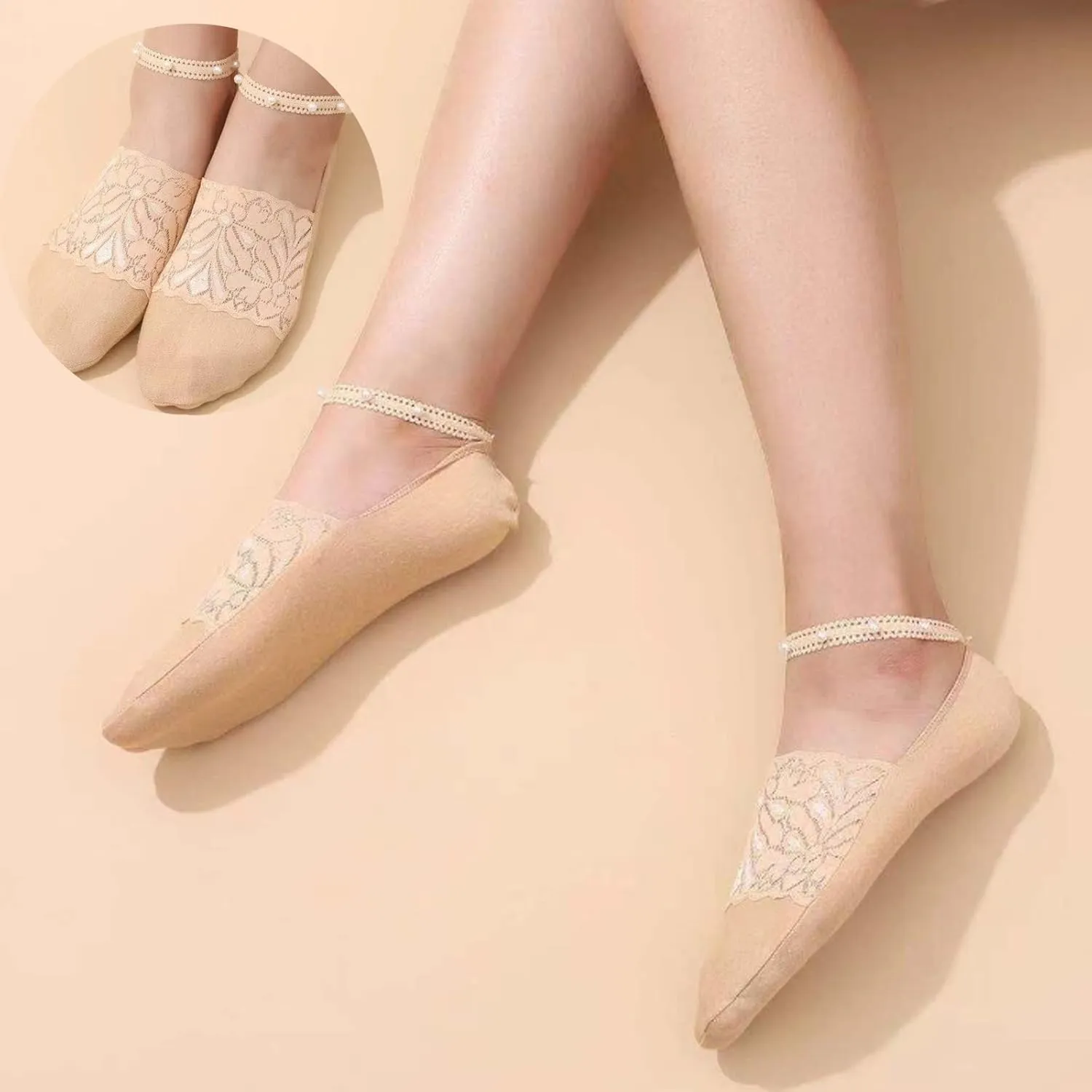 4 Pairs Pearl Lace No Show Socks Pearl Lace Mesh Thin Silk Ankle Sock Casual Low Cut Socks for Women