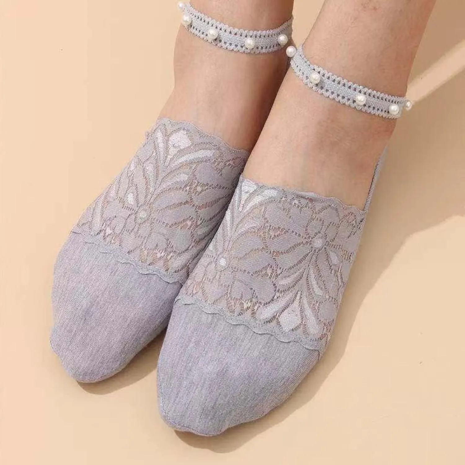 4 Pairs Pearl Lace No Show Socks Pearl Lace Mesh Thin Silk Ankle Sock Casual Low Cut Socks for Women