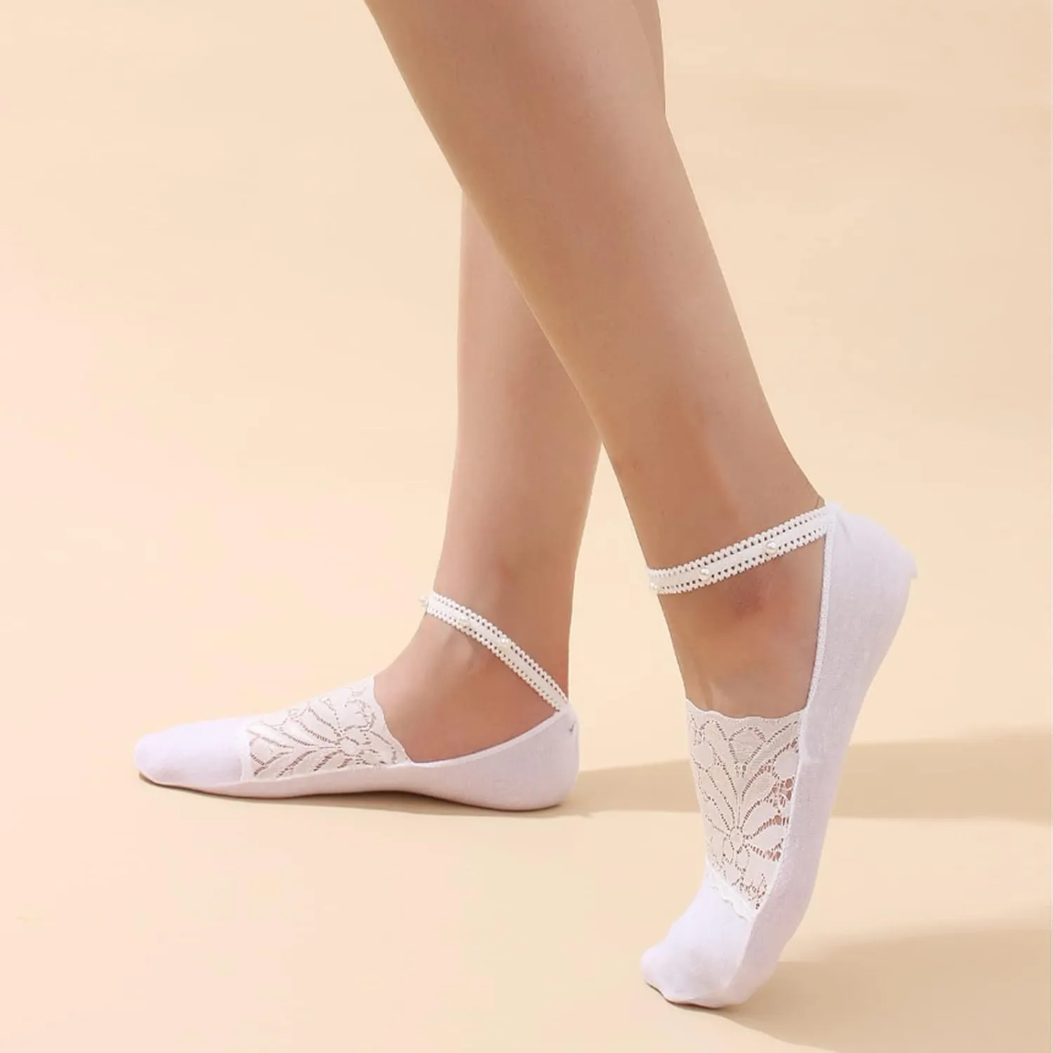4 Pairs Pearl Lace No Show Socks Pearl Lace Mesh Thin Silk Ankle Sock Casual Low Cut Socks for Women