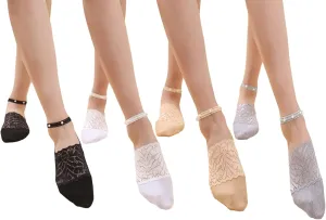 4 Pairs Pearl Lace No Show Socks Pearl Lace Mesh Thin Silk Ankle Sock Casual Low Cut Socks for Women