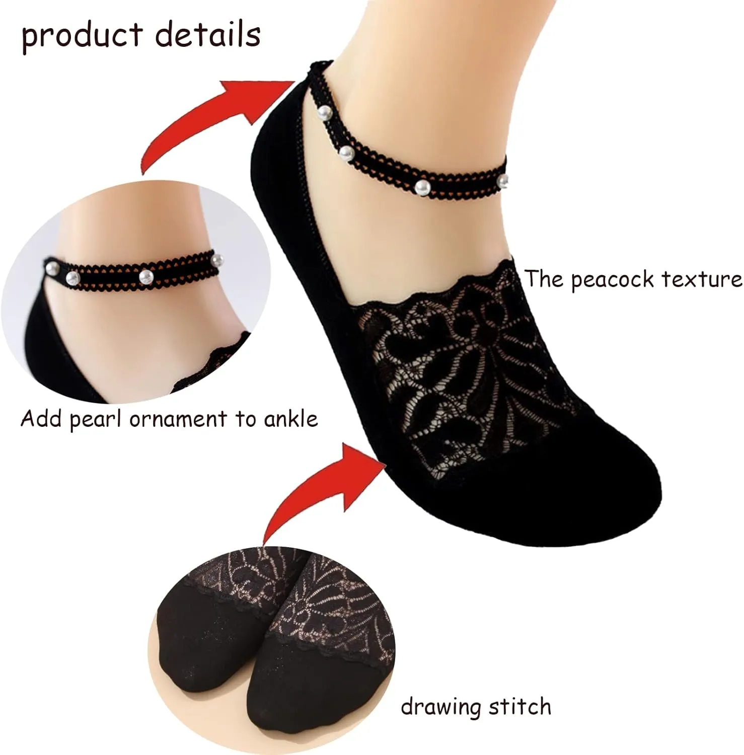 4 Pairs Pearl Lace No Show Socks Pearl Lace Mesh Thin Silk Ankle Sock Casual Low Cut Socks for Women
