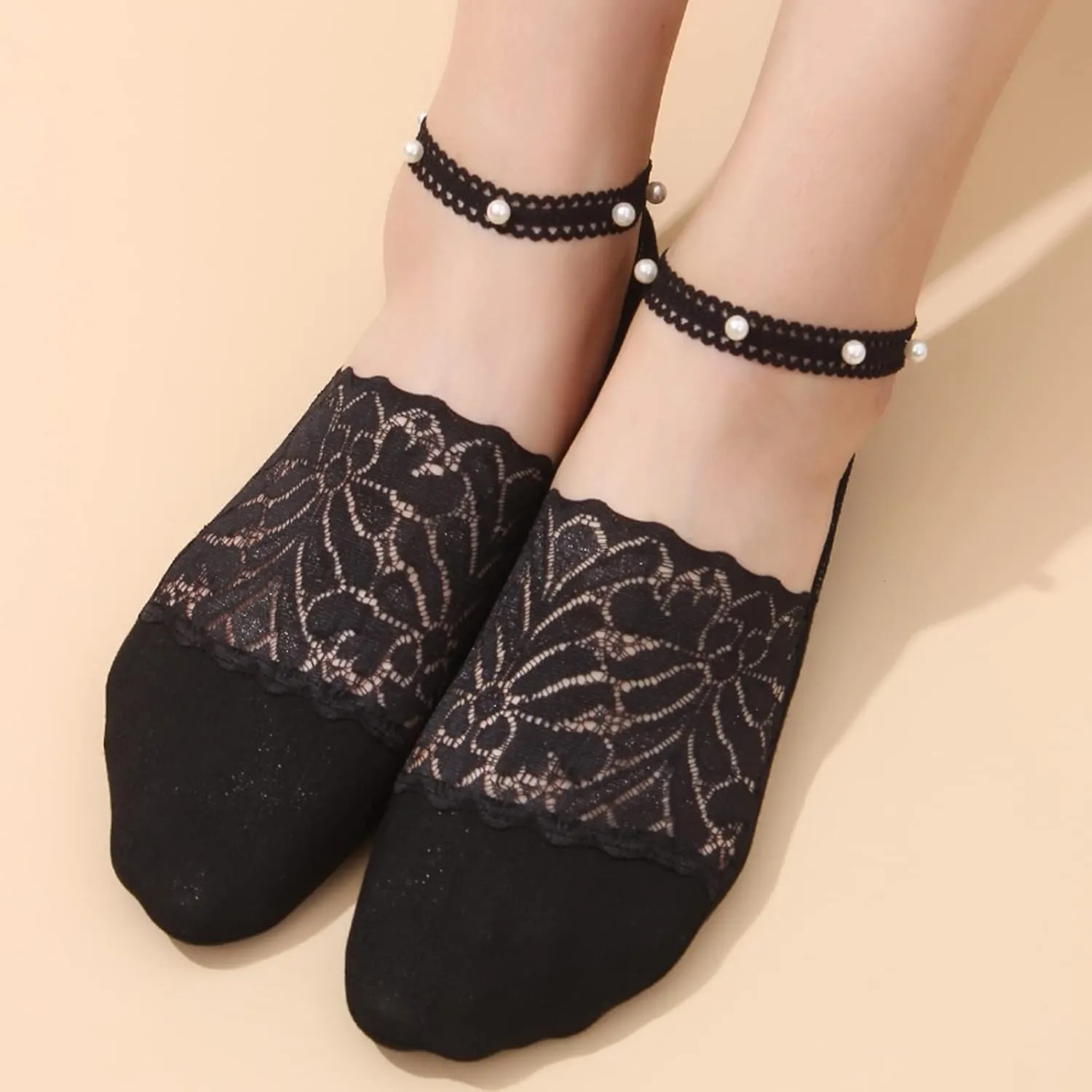 4 Pairs Pearl Lace No Show Socks Pearl Lace Mesh Thin Silk Ankle Sock Casual Low Cut Socks for Women
