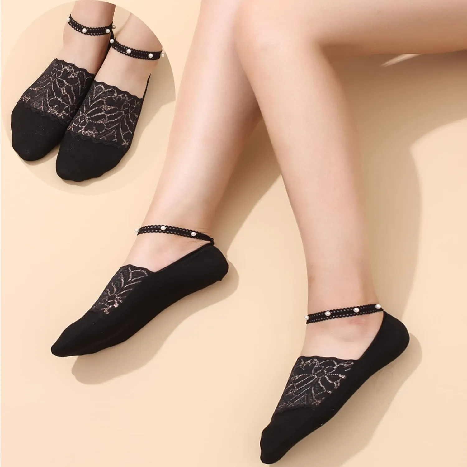 4 Pairs Pearl Lace No Show Socks Pearl Lace Mesh Thin Silk Ankle Sock Casual Low Cut Socks for Women