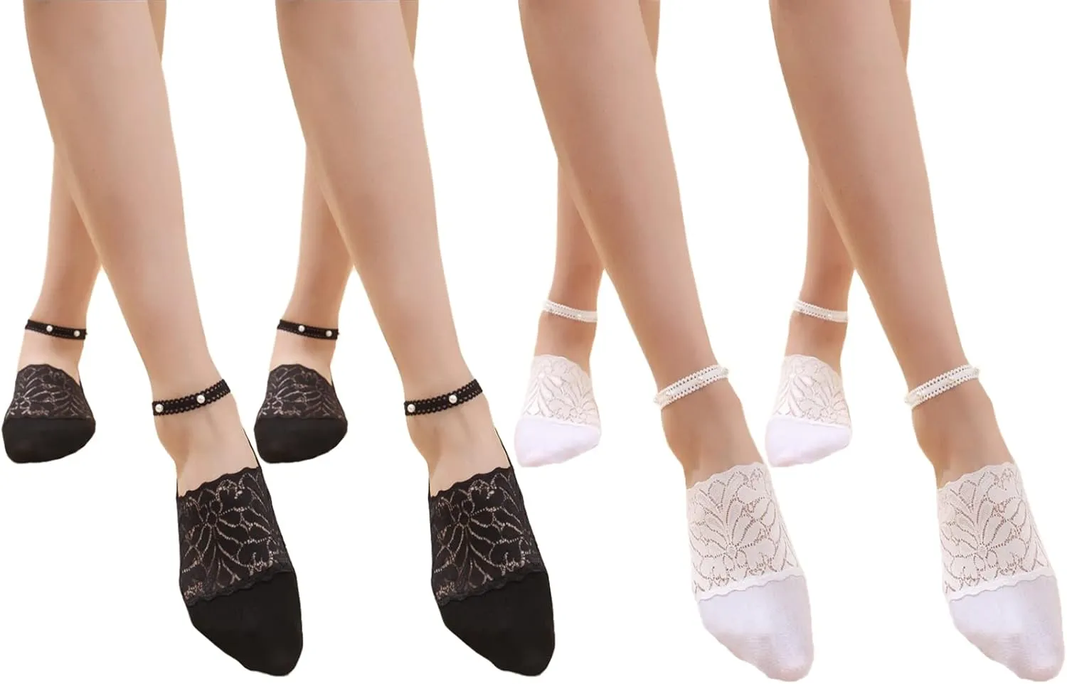 4 Pairs Pearl Lace No Show Socks Pearl Lace Mesh Thin Silk Ankle Sock Casual Low Cut Socks for Women