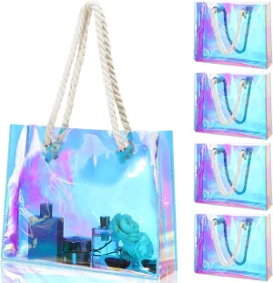 4 Pcs Large Holographic Clear Tote Bag Iridescent PVC with Rope Handles 11.8x15x4'' Stadium Approved Bag Waterproof Handbags for Concert Bridal Shower Bachelorette Party Wedding Gym Travel Beach
