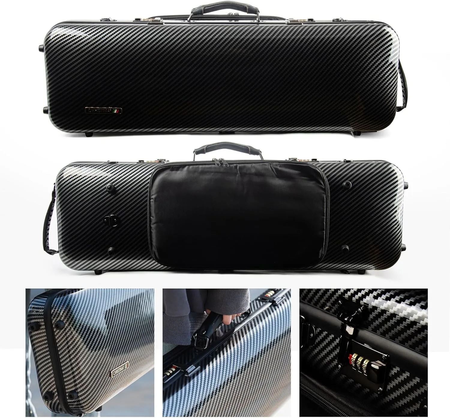4/4 Full Size Violin case High-Strength Carbon Fiber Rectangular Violin Music Bag With Combination Lock and Extra Bag Black Violin Hard Case (VB-Square-Black Stripe spot)