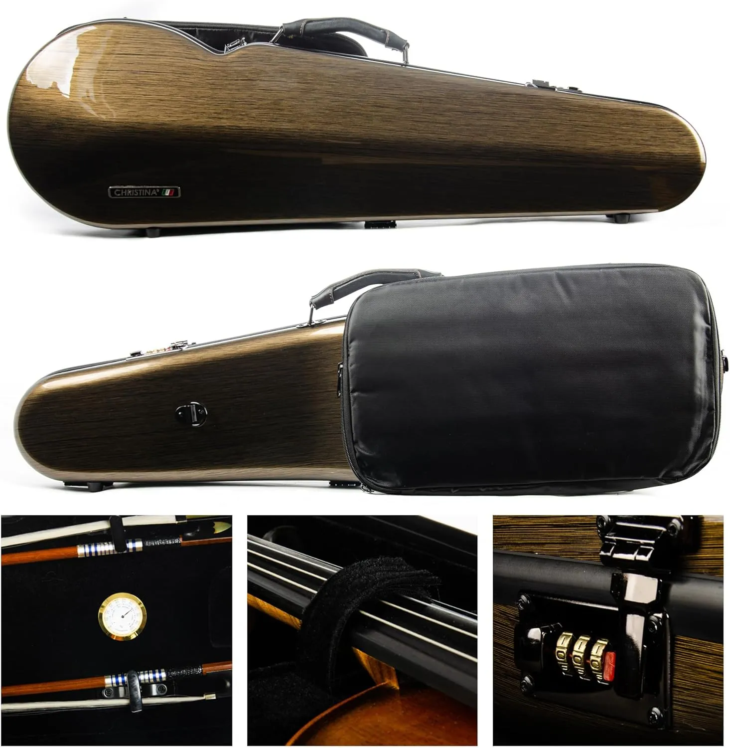 4/4 Full Size Violin case High-Strength Carbon Fiber Triangle Violin Music Bag With Combination Lock and Extra Bag Golden Violin Hard Case (VB-Trianglee-Golden spot)