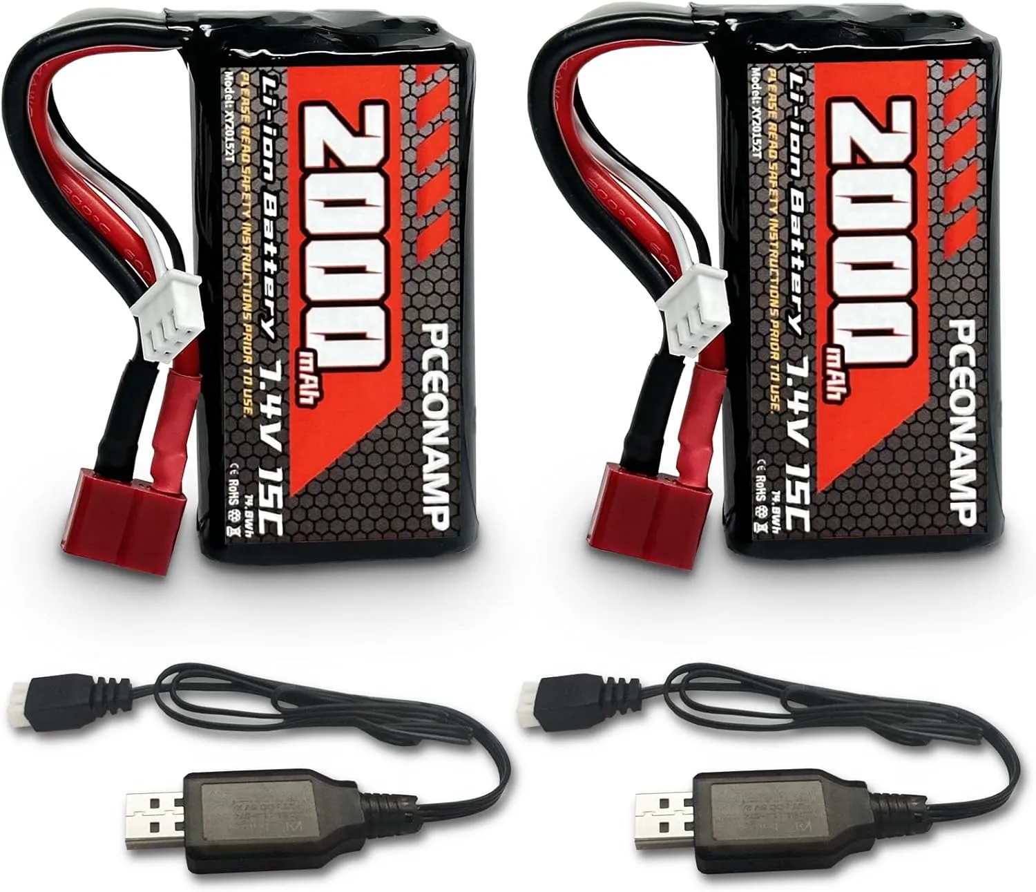 7.4V Li-ion Battery 2000mAh 2S with T Plug Rechargeable High Capacity RC Battery Fit for High Speed RC Cars and Most 1/10, 1/12, 1/16 Scale RC Cars Trucks with 2 USB Chargers