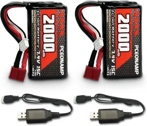 7.4V Li-ion Battery 2000mAh 2S with T Plug Rechargeable High Capacity RC Battery Fit for High Speed RC Cars and Most 1/10, 1/12, 1/16 Scale RC Cars Trucks with 2 USB Chargers