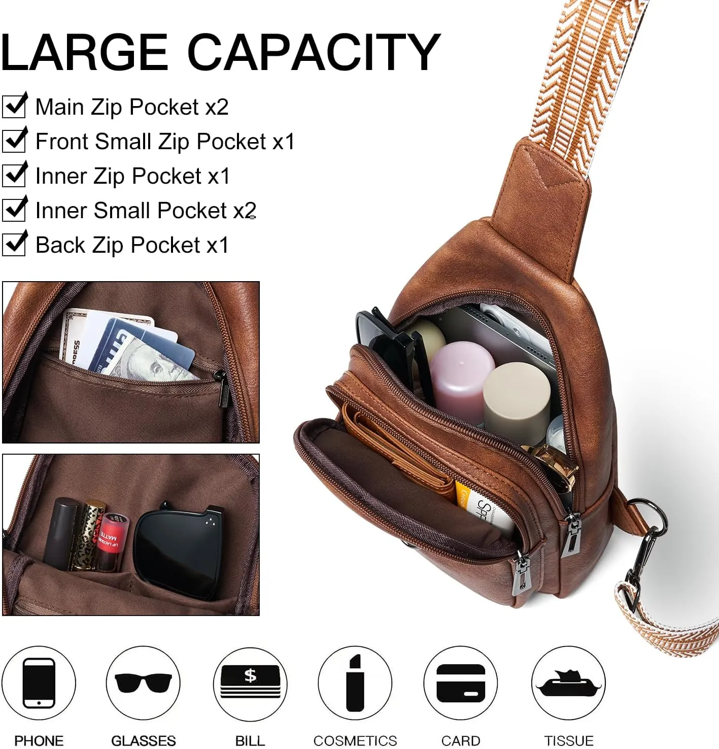 7L Sling Bag for Women Men Crossbody Belt Bag Small Travel Sling Backpack Anti Theft Chest Daypack Purse Faux Leather