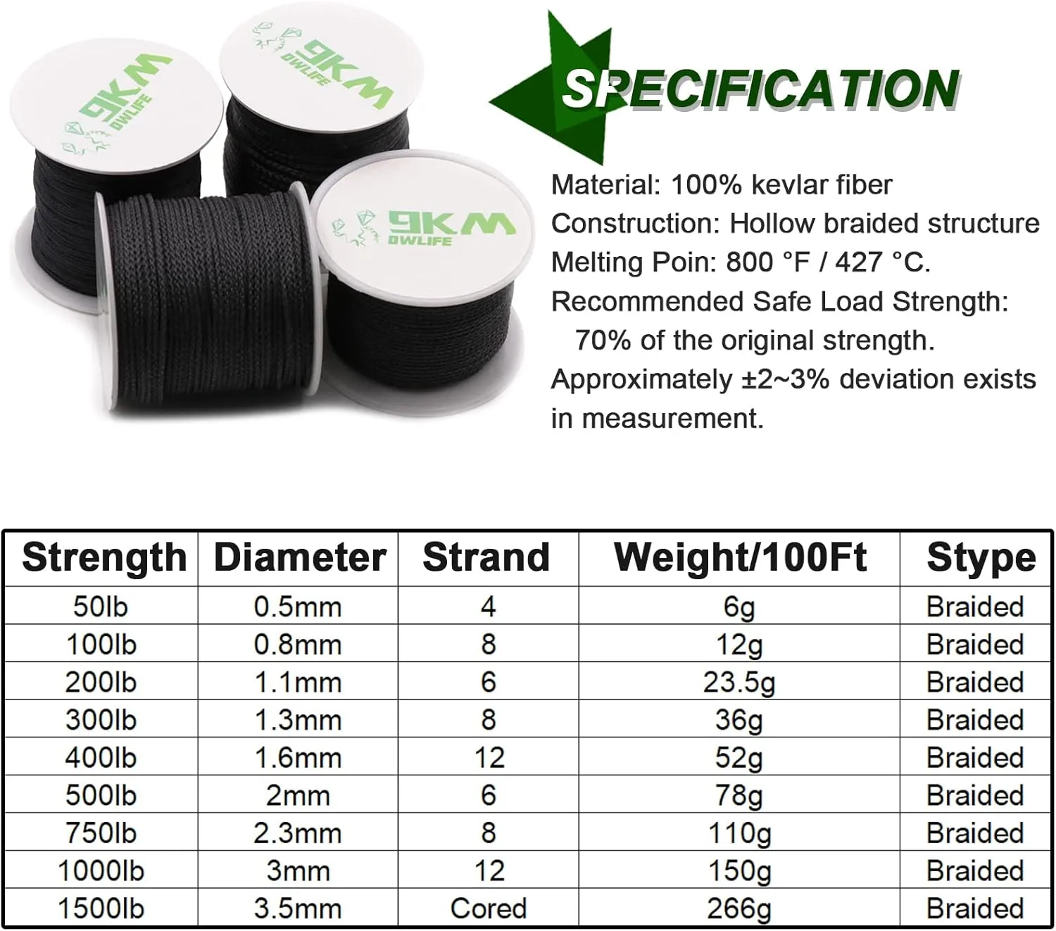 9KM DWLIFE Black Kevlar Cord, 50lb~1500lb, High Tensile Strength, Flame Resistant, Braided Fishing Line, Wind Chime String, Kite Line, Camping, Model Rocket, Outdoor Survival Strong String