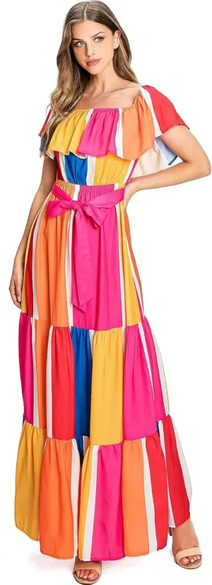 A. Calin by Flying Tomato Women's Vibrant Summer Party Off Shoulder Maxi Dress