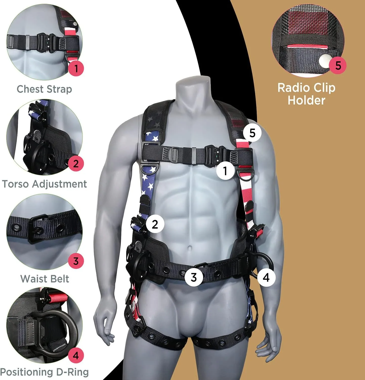 AFP Fall Protection Full-Body Premium Safety Harness, 8” Thick Support Belt, Aluminum D-Rings, Tongue Buckle (OSHA/ANSI PPE)