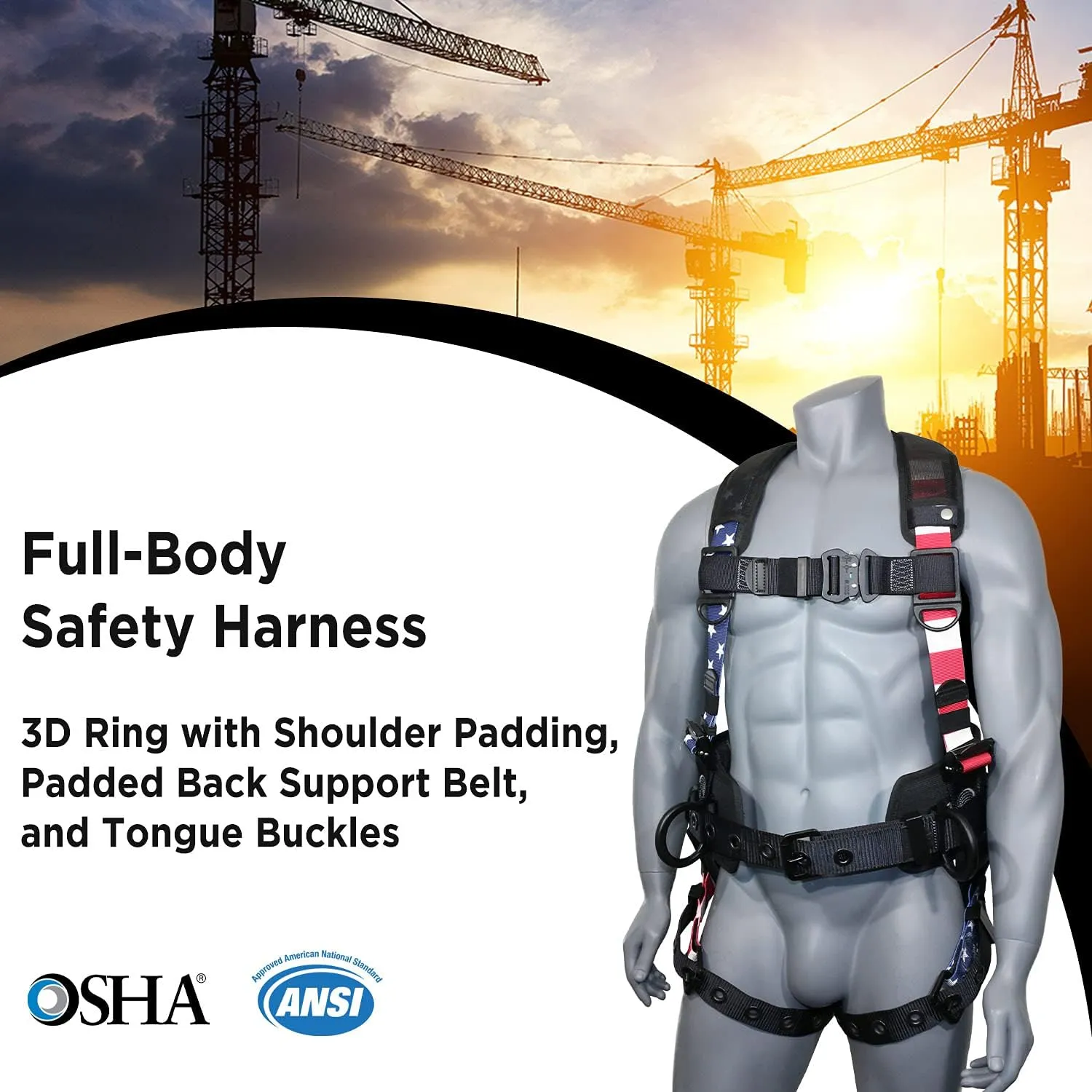AFP Fall Protection Full-Body Premium Safety Harness, 8” Thick Support Belt, Aluminum D-Rings, Tongue Buckle (OSHA/ANSI PPE)