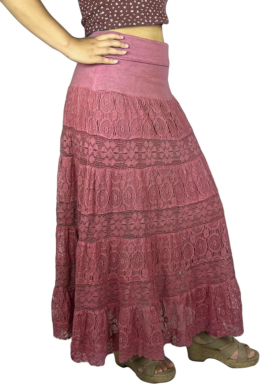Agan Traders Women's 2025 Summer Boho Peasant Tiered Long Lace Skirt Maxi - Net Flared Long Maxi Skirts for Women