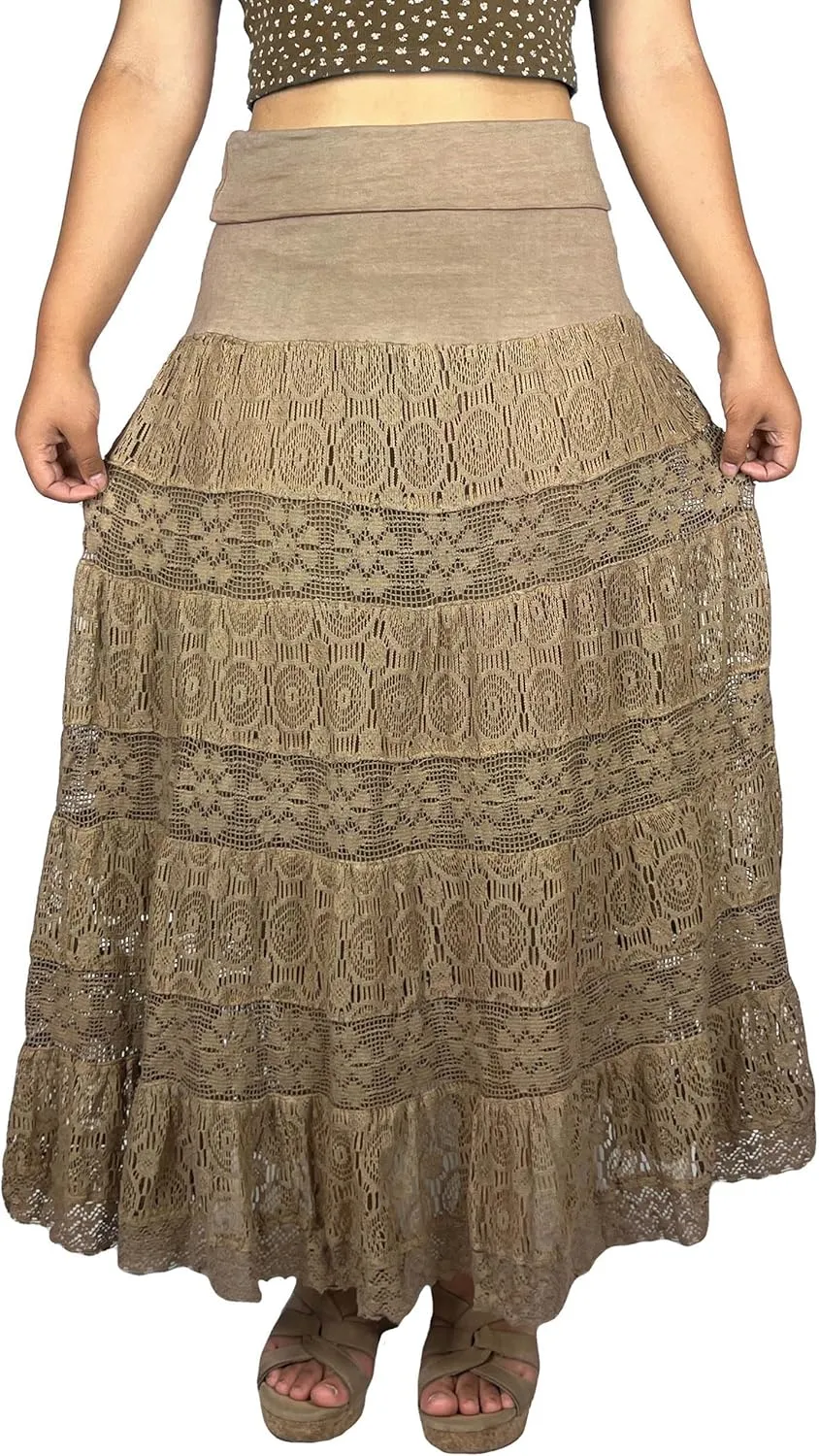Agan Traders Women's 2025 Summer Boho Peasant Tiered Long Lace Skirt Maxi - Net Flared Long Maxi Skirts for Women