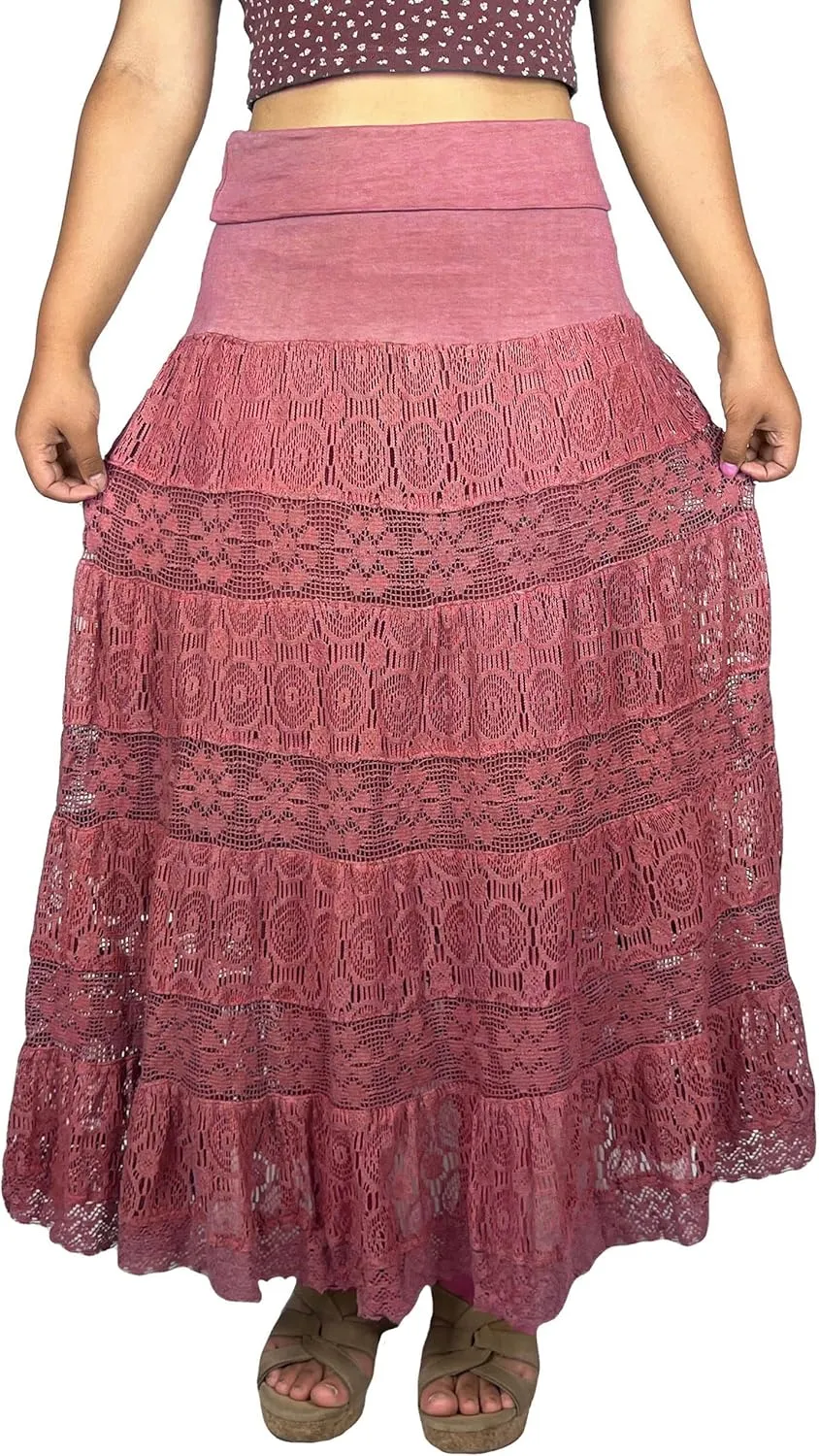 Agan Traders Women's 2025 Summer Boho Peasant Tiered Long Lace Skirt Maxi - Net Flared Long Maxi Skirts for Women