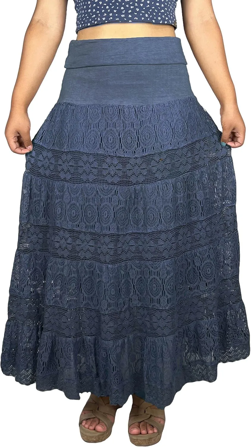 Agan Traders Women's 2025 Summer Boho Peasant Tiered Long Lace Skirt Maxi - Net Flared Long Maxi Skirts for Women