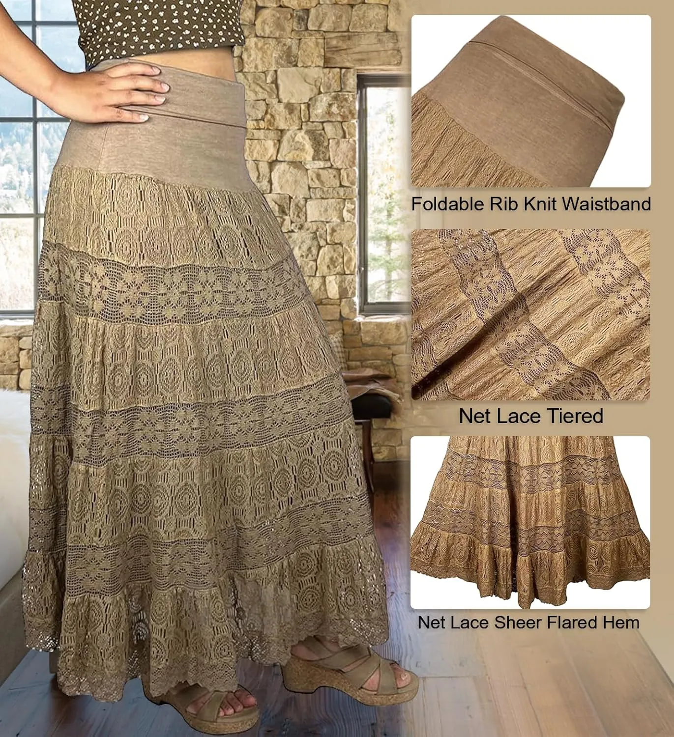 Agan Traders Women's 2025 Summer Boho Peasant Tiered Long Lace Skirt Maxi - Net Flared Long Maxi Skirts for Women