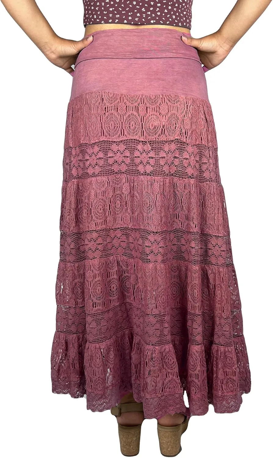 Agan Traders Women's 2025 Summer Boho Peasant Tiered Long Lace Skirt Maxi - Net Flared Long Maxi Skirts for Women