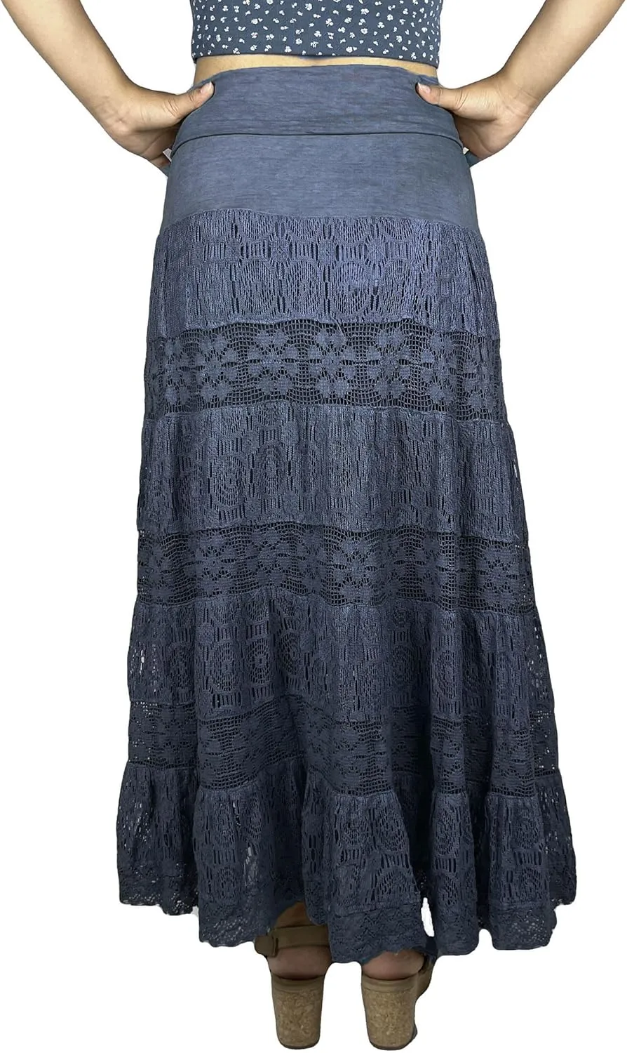 Agan Traders Women's 2025 Summer Boho Peasant Tiered Long Lace Skirt Maxi - Net Flared Long Maxi Skirts for Women