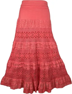 Agan Traders Women's 2025 Summer Boho Peasant Tiered Long Lace Skirt Maxi - Net Flared Long Maxi Skirts for Women