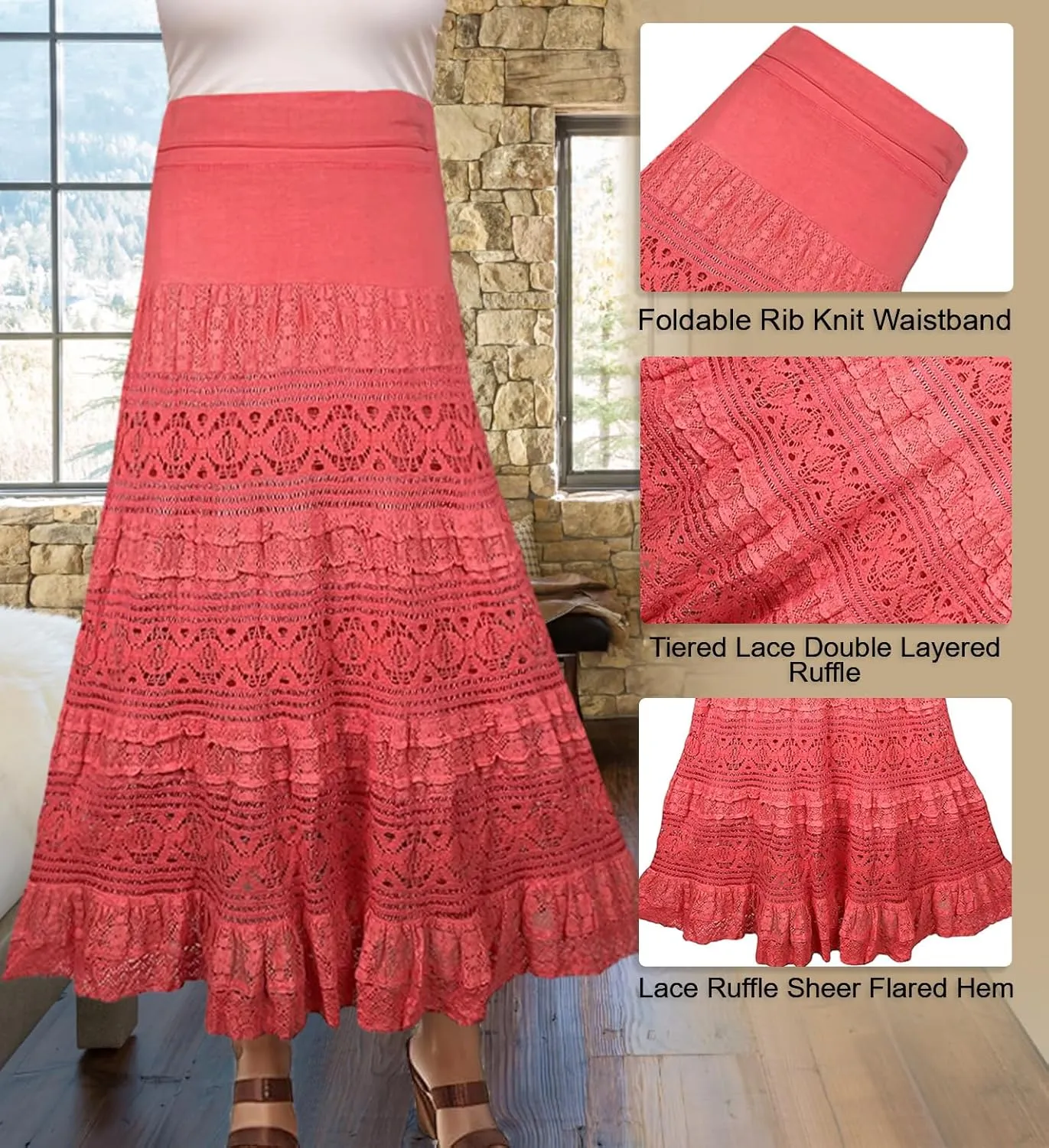 Agan Traders Women's 2025 Summer Boho Peasant Tiered Long Lace Skirt Maxi - Net Flared Long Maxi Skirts for Women