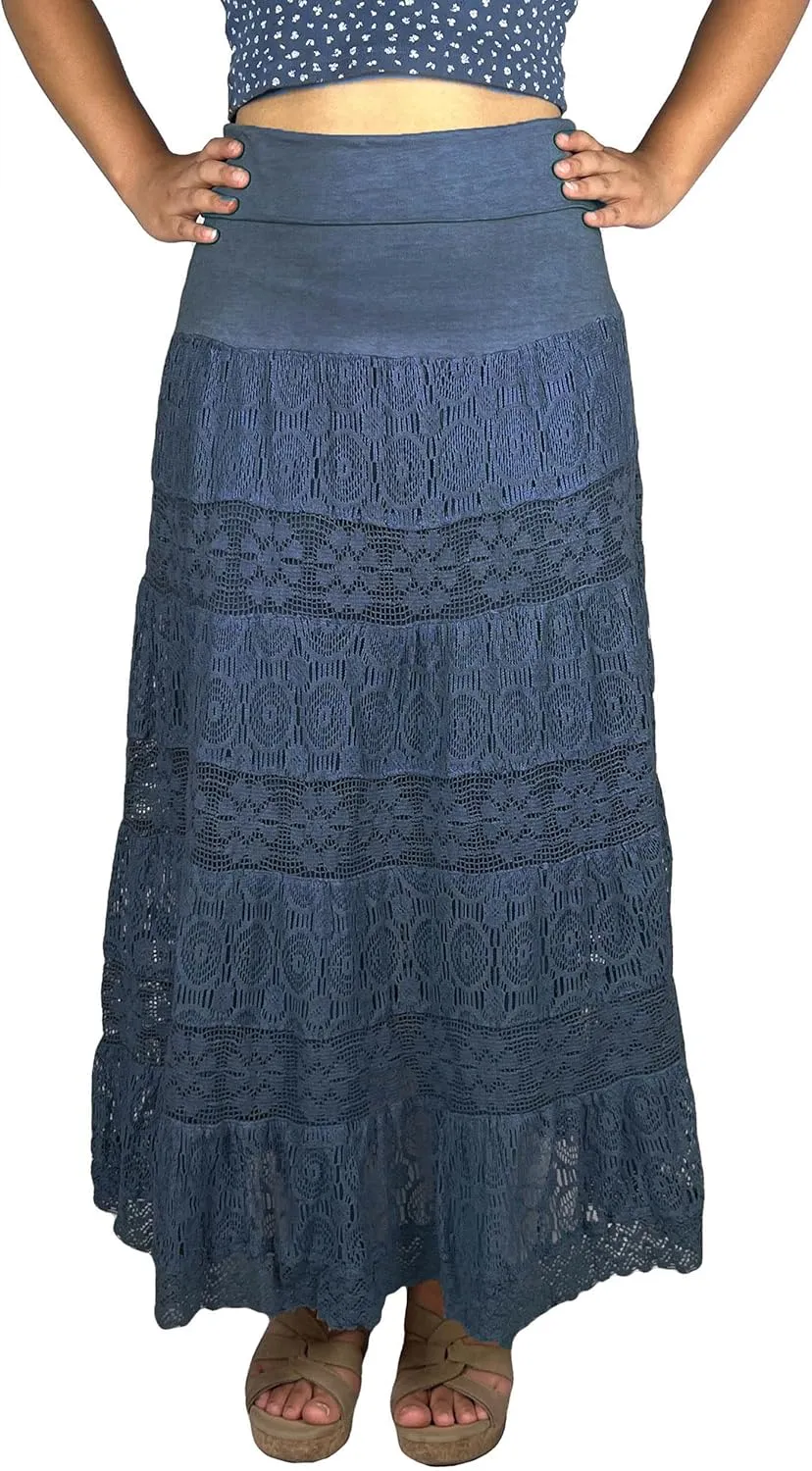 Agan Traders Women's 2025 Summer Boho Peasant Tiered Long Lace Skirt Maxi - Net Flared Long Maxi Skirts for Women