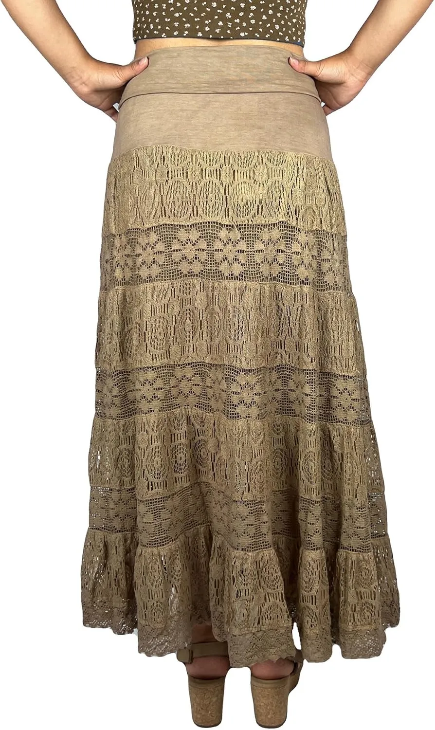 Agan Traders Women's 2025 Summer Boho Peasant Tiered Long Lace Skirt Maxi - Net Flared Long Maxi Skirts for Women