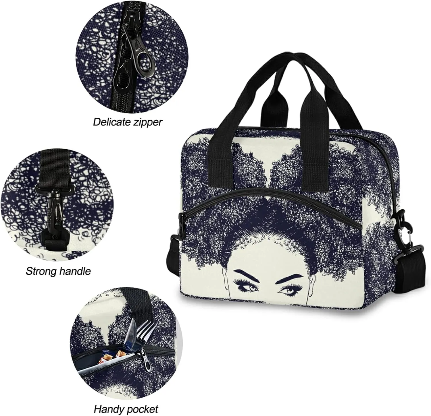 ALAZA African American Woman with Curly Hair Insulated Lunch Box Reusable Cooler Bags with Shoulder Strap for Women Men Adults, 19-Can (12.5L)