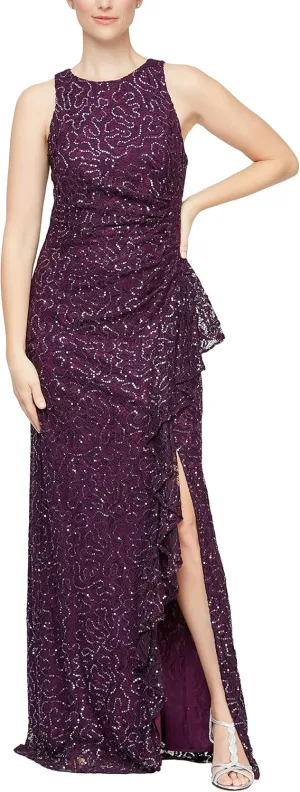 Alex Evenings Women's Long Sleeveless Mother of The Bride Dress W/Cascade Ruffle & Front Slit (Petite and Regular Sizes)