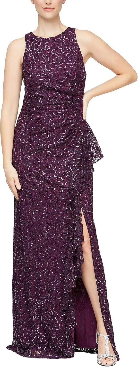 Alex Evenings Women's Long Sleeveless Mother of The Bride Dress W/Cascade Ruffle & Front Slit (Petite and Regular Sizes)