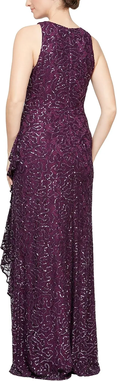 Alex Evenings Women's Long Sleeveless Mother of The Bride Dress W/Cascade Ruffle & Front Slit (Petite and Regular Sizes)