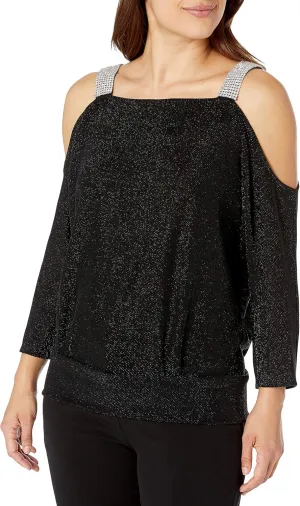 Alex Evenings Women's Metallic Knit Blouse, Formal Dress Shirt (Petite and Regular Sizes)
