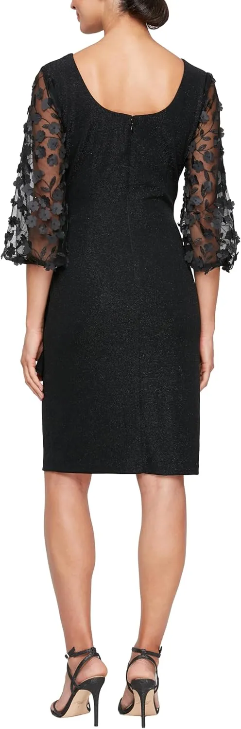 Alex Evenings Women's Short Sheath Metallic Cocktail Dress W/Embellished Sleeves & Cascade Ruffle (Petite and Regular Sizes)