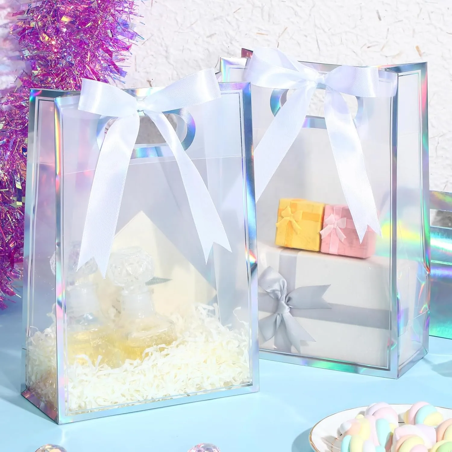 Aliceset 12 Pcs Clear Plastic Gift Bag with Die Cut Handles Graduation Reusable PP Flower Bag with Ribbon for Wedding Bridal Birthday Baby Shower Party Business, 7x10x3.15 Inch(Iridescent)