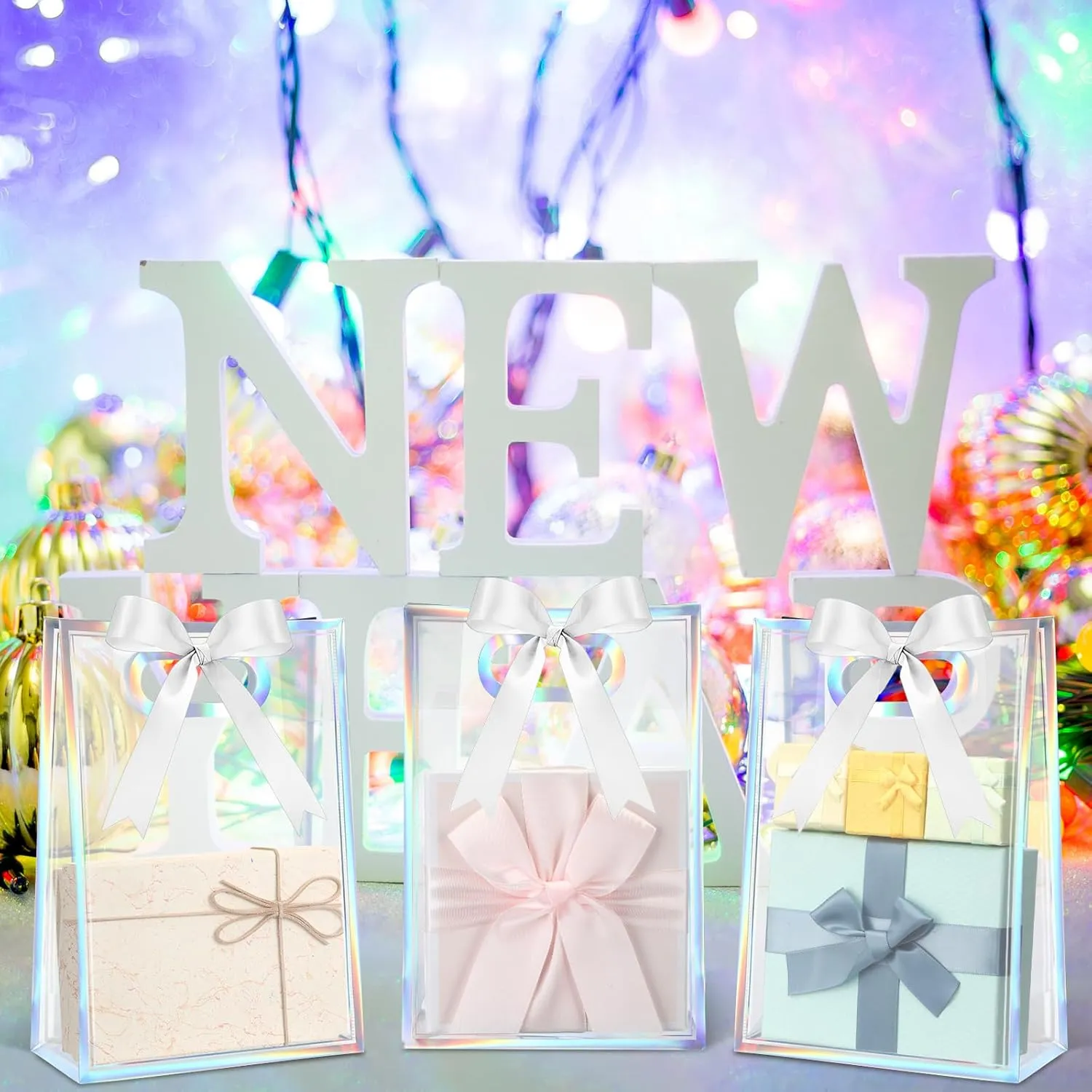 Aliceset 12 Pcs Clear Plastic Gift Bag with Die Cut Handles Graduation Reusable PP Flower Bag with Ribbon for Wedding Bridal Birthday Baby Shower Party Business, 7x10x3.15 Inch(Iridescent)