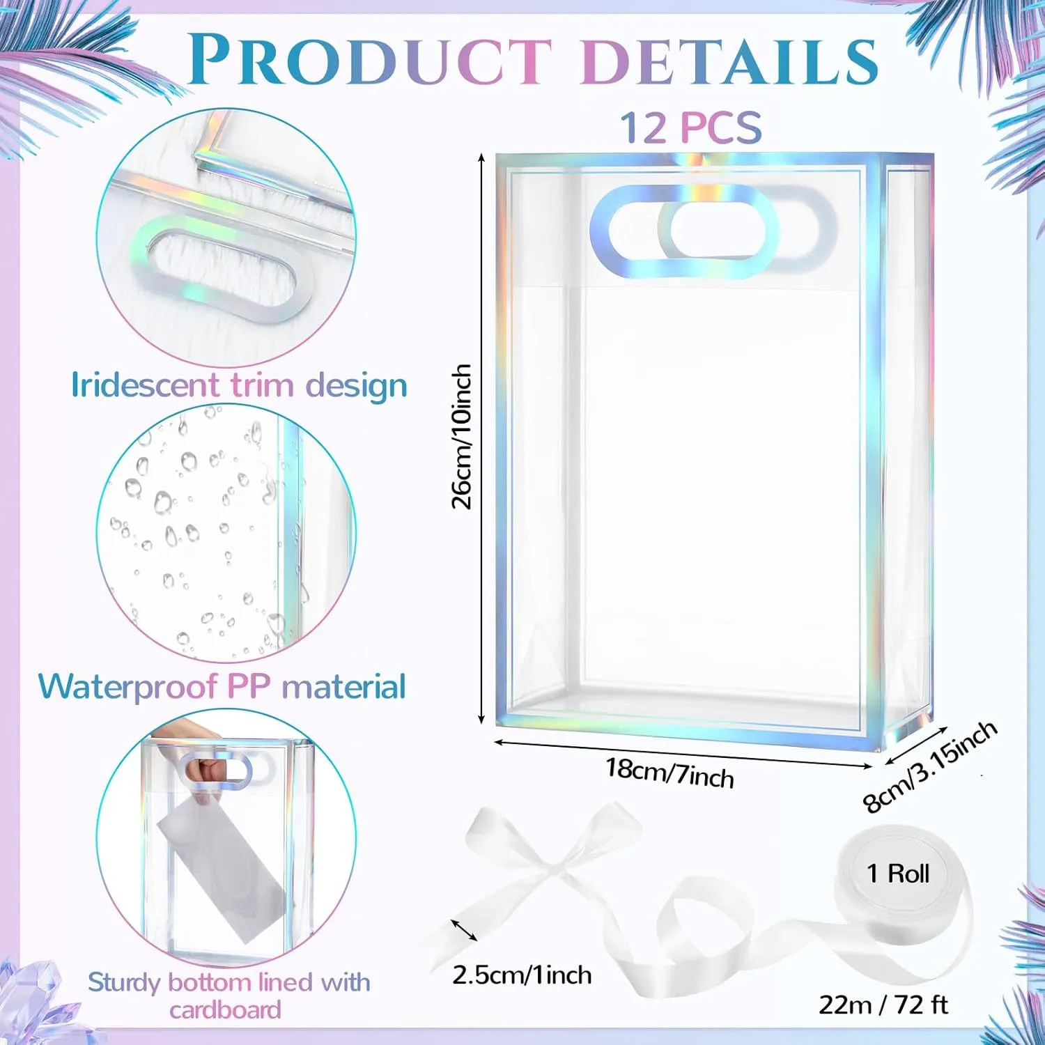 Aliceset 12 Pcs Clear Plastic Gift Bag with Die Cut Handles Graduation Reusable PP Flower Bag with Ribbon for Wedding Bridal Birthday Baby Shower Party Business, 7x10x3.15 Inch(Iridescent)