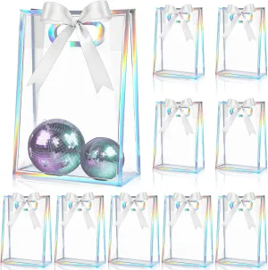 Aliceset 12 Pcs Clear Plastic Gift Bag with Die Cut Handles Graduation Reusable PP Flower Bag with Ribbon for Wedding Bridal Birthday Baby Shower Party Business, 7x10x3.15 Inch(Iridescent)