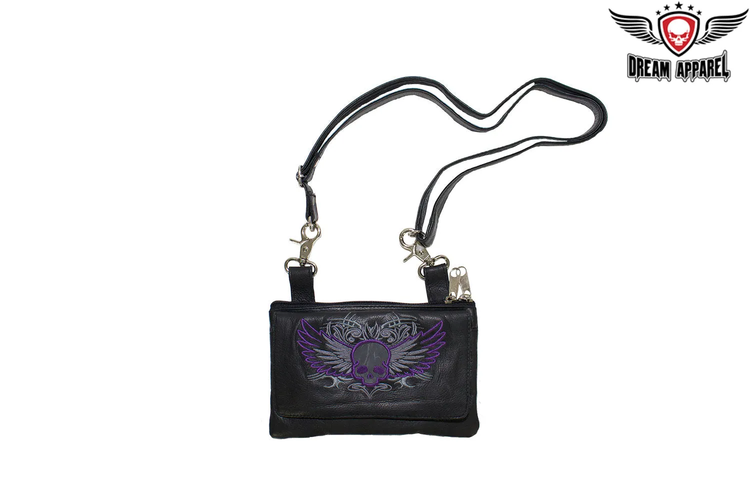 All Naked Cowhide Leather Belt Bag with Purple Skull and Wings
