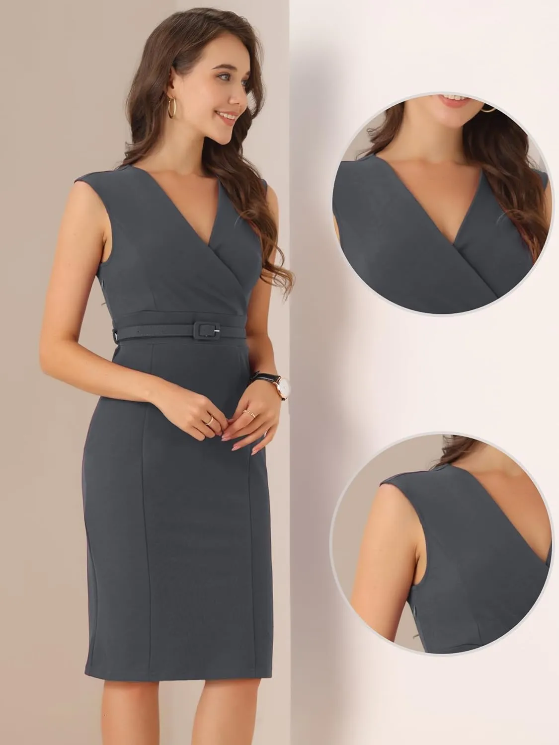 Allegra K Sheath Dress for Women's Sleeveless V Neck Business Office Belt Pencil Dresses