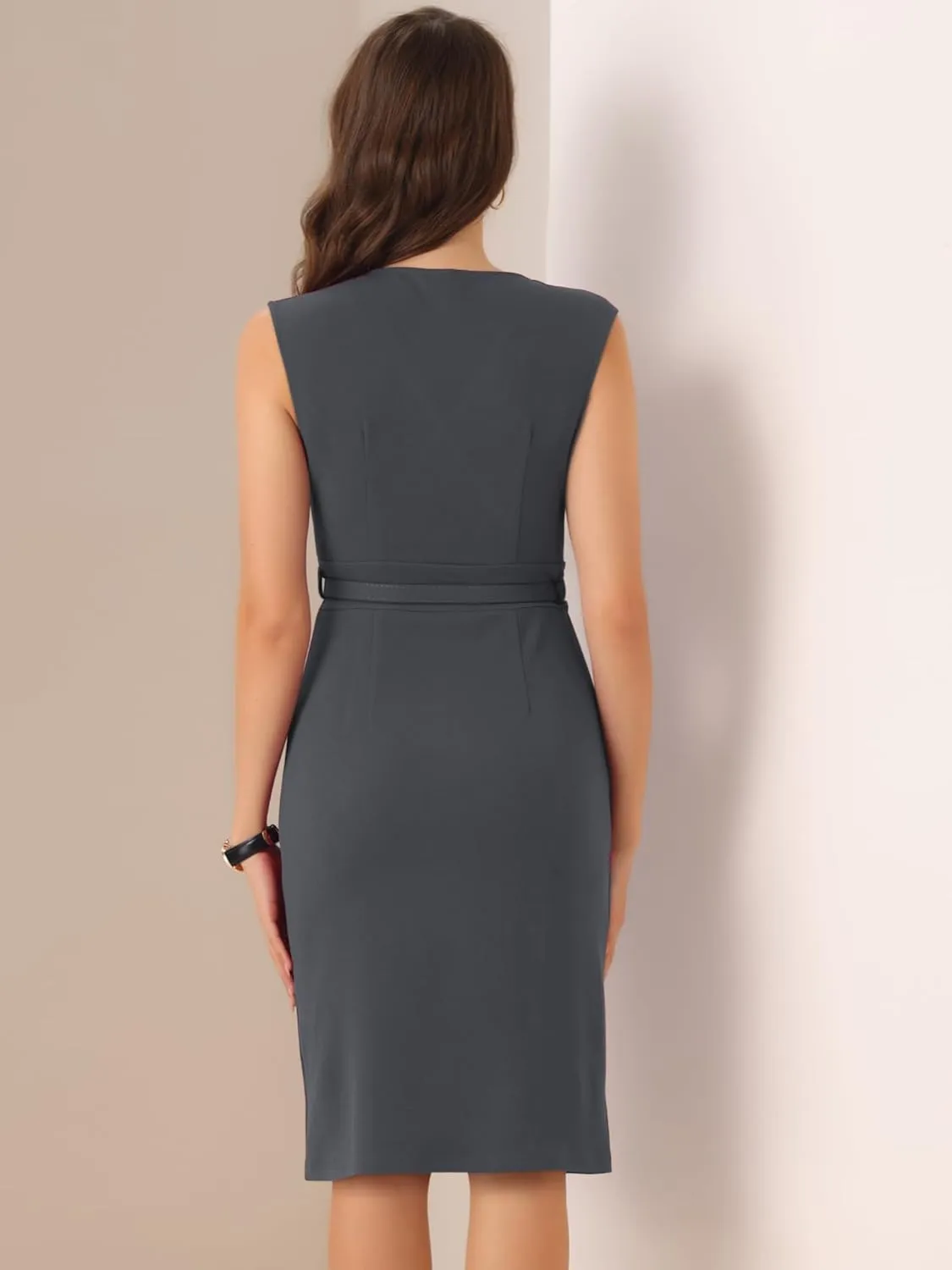 Allegra K Sheath Dress for Women's Sleeveless V Neck Business Office Belt Pencil Dresses