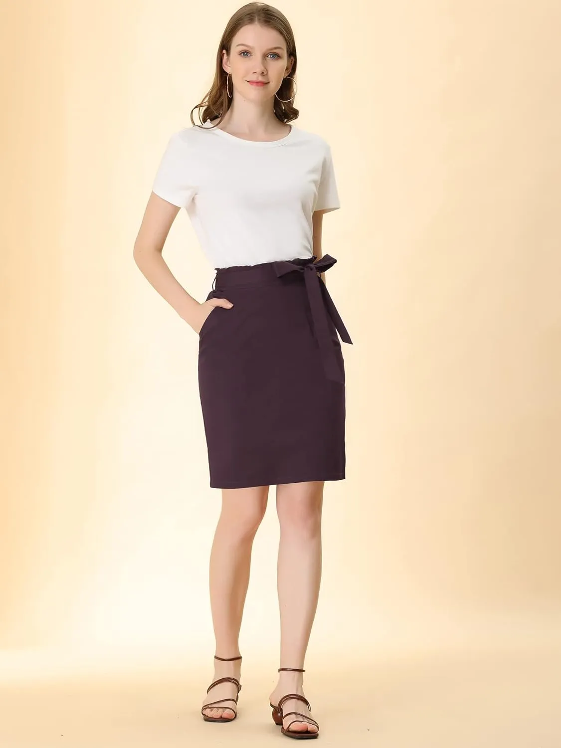 Allegra K Women's Workwear Paperbag Elastic Waist Side Pockets Cotton Pencil Skirt